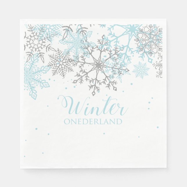 Winter Onederland first birthday blue and silver Napkins (Front)
