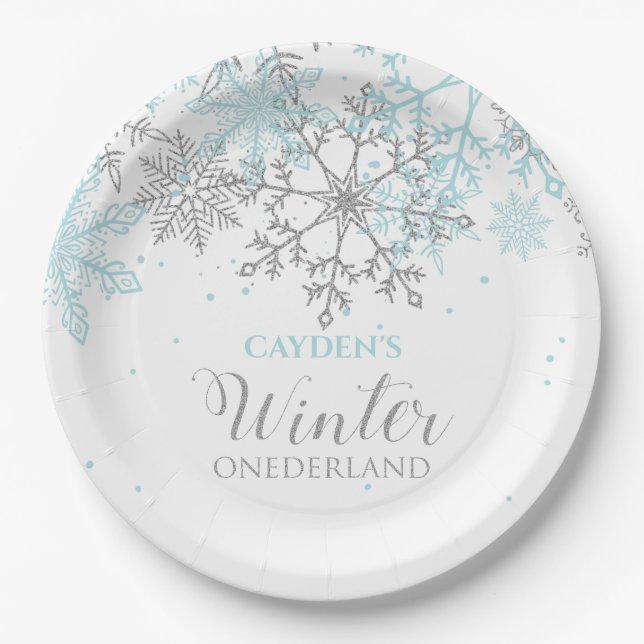 Winter Onederland first birthday blue and silver Paper Plates (Front)