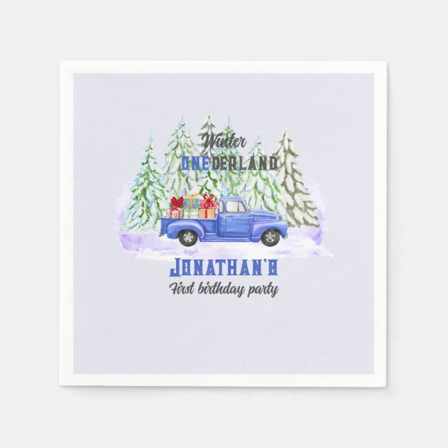 Winter Onederland First Birthday blue truck presen Napkins (Front)