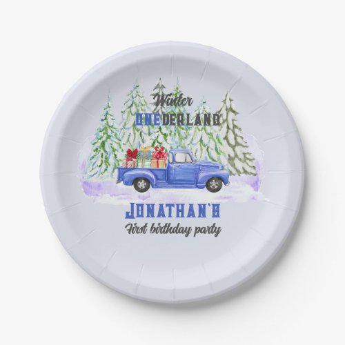 Winter Onederland First Birthday blue truck presen Paper Plates