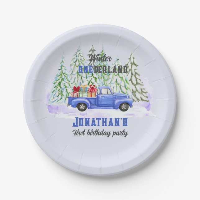Winter Onederland First Birthday blue truck presen Paper Plates (Front)