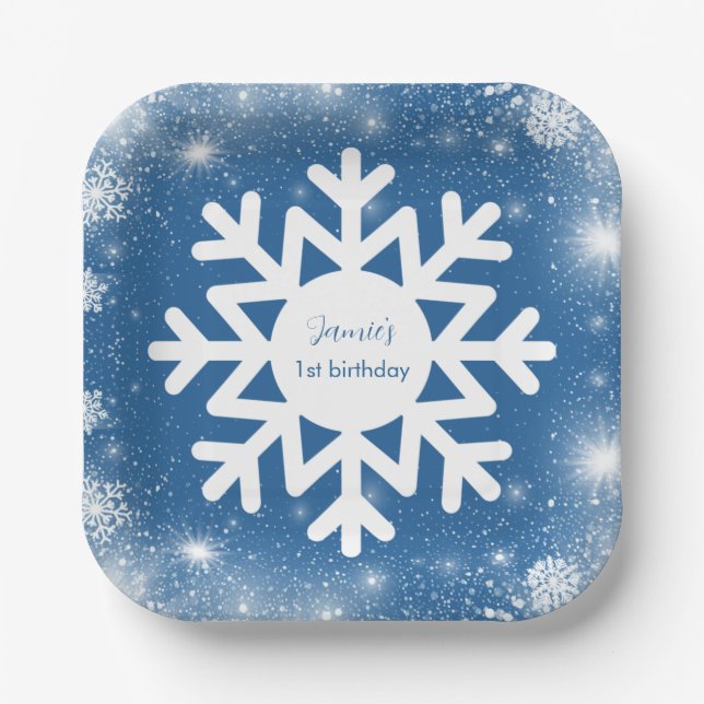 Winter ONEderland First birthday Boy Snowflake Paper Plates (Front)