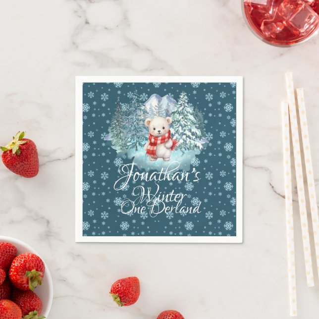 Winter Onederland First Birthday Cute Bear blue Napkins (Insitu)