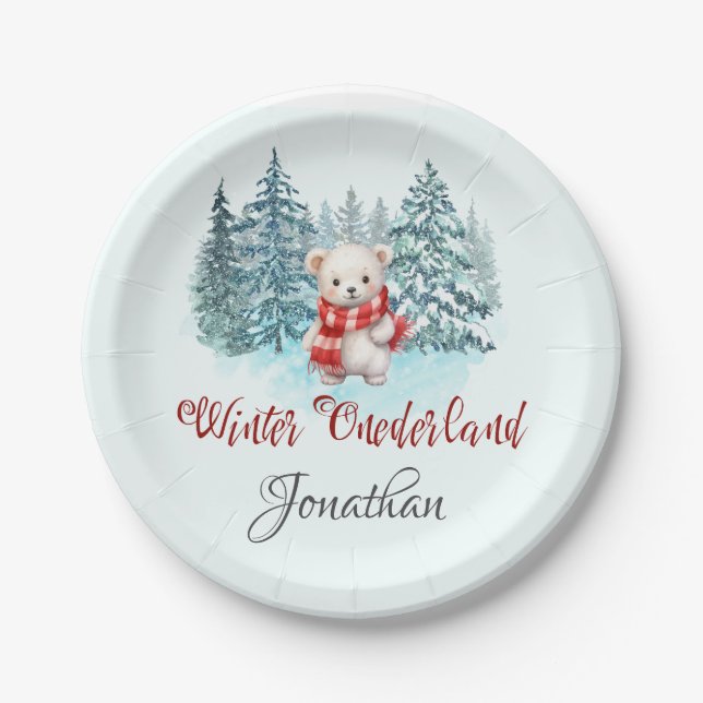Winter Onederland First Birthday Cute Bear Forest  Paper Plates (Front)