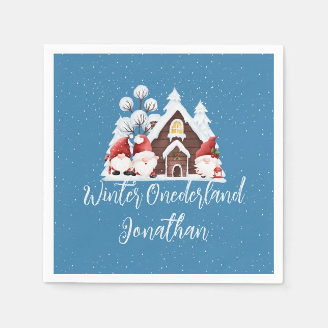 Winter Onederland First Birthday Cute gnomes  Napkins (Front)