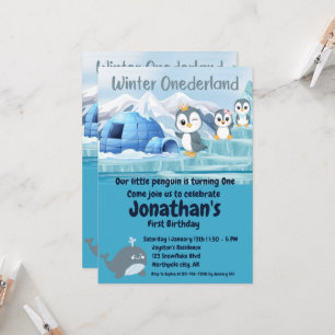Winter Onederland First Birthday Cute Penguin Iglo Invitation
