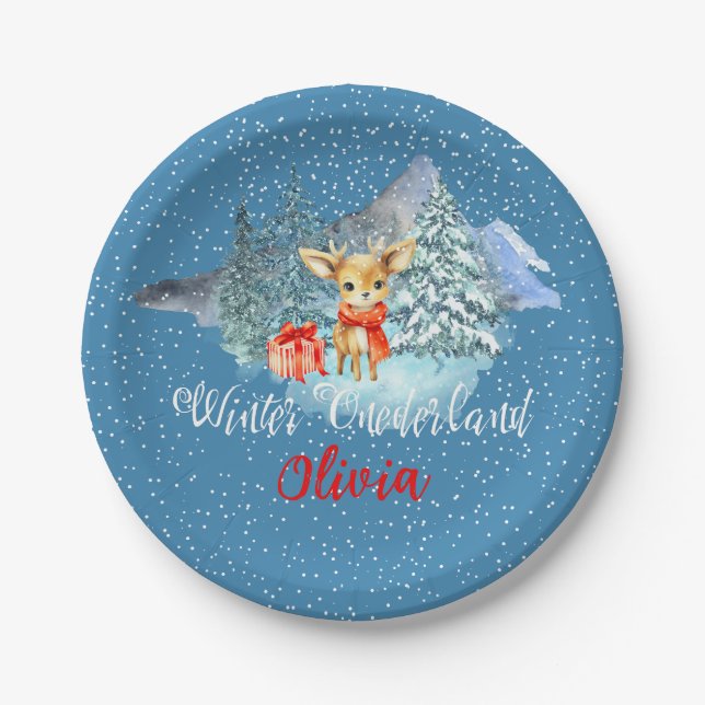 Winter Onederland First Birthday Cute Reindeer Paper Plates (Front)