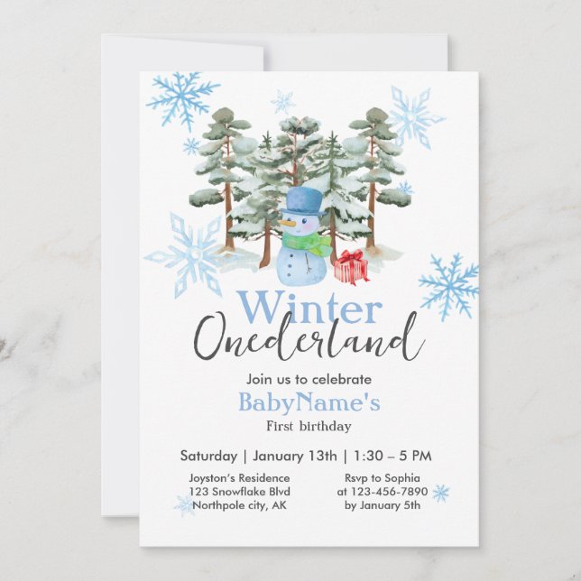Winter Onederland First Birthday Cute Snowman Blue Invitation (Front)