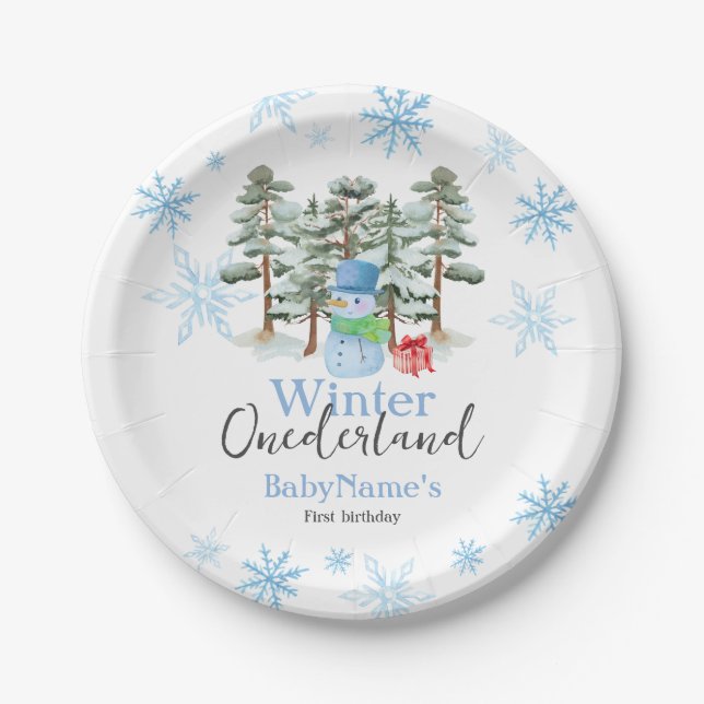 Winter Onederland First Birthday Cute snowman fore Paper Plates (Front)