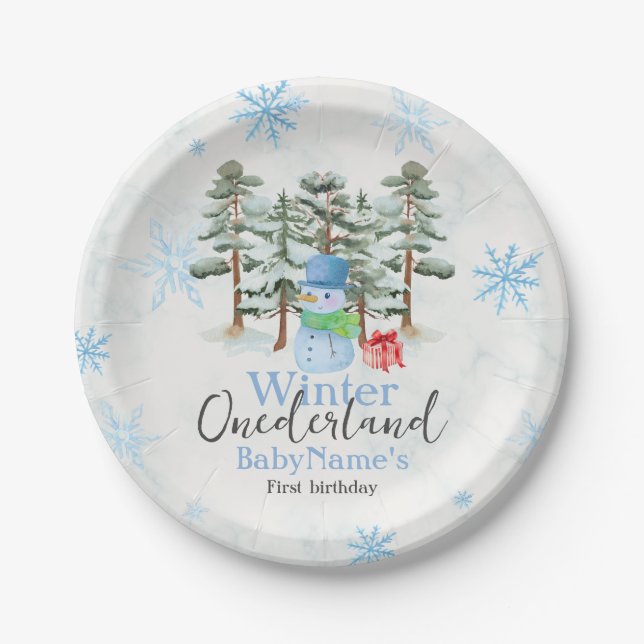 Winter Onederland First Birthday Cute snowman fore Paper Plates (Front)