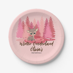 Winter Onederland First Birthday Deer Pink Forest Paper Plates
