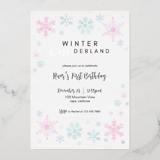 Winter ONEderland First Birthday Foil Invitation (Front)