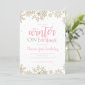 Winter Onederland First Birthday Gold Snowflakes Invitation (Standing Front)