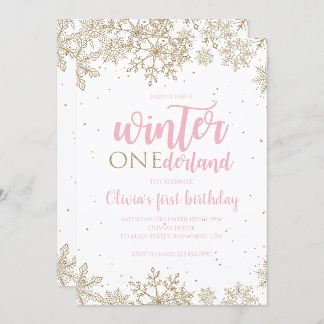 Winter Onederland First Birthday Gold Snowflakes Invitation (Front/Back)
