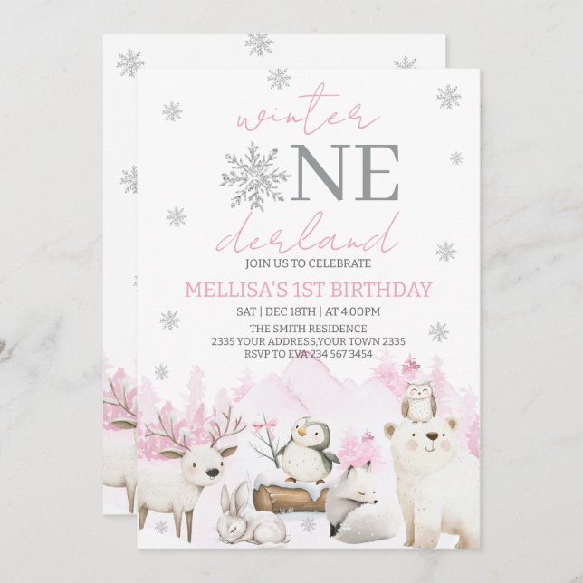 Winter ONEderland first birthday Invitation (Front/Back)