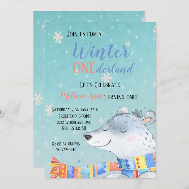 Winter Onederland First Birthday Invitation (Front/Back)