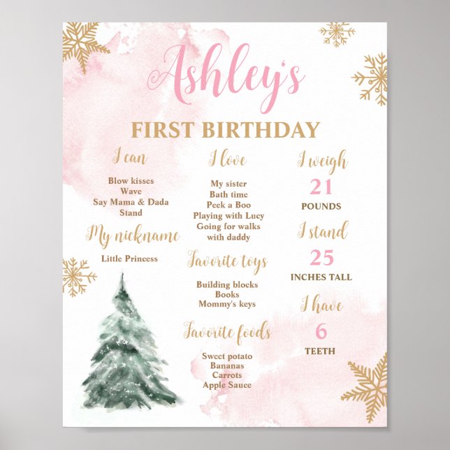 Winter Onederland First Birthday Milestones Poster (Front)