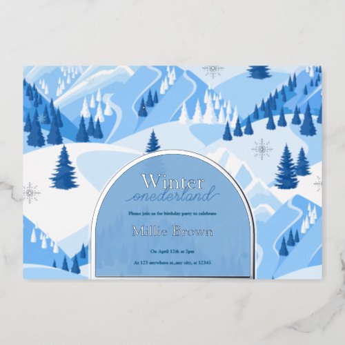 Winter Onederland First Birthday Mountain Snow  Foil Invitation