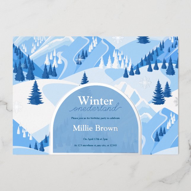 Winter Onederland First Birthday Mountain Snow  Foil Invitation (Front)