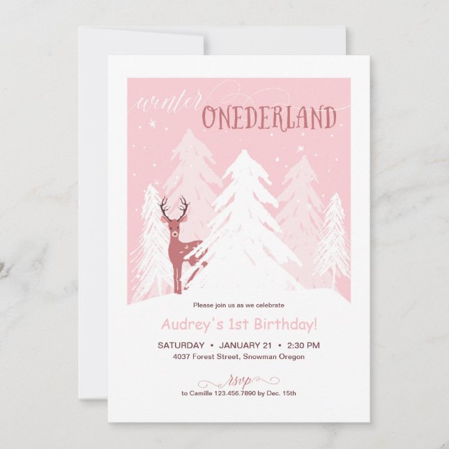 Winter Onederland First Birthday Party Invite Pink (Front)