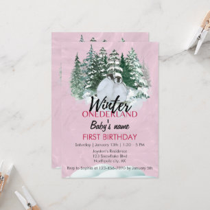 Winter Onederland First Birthday Penguin Pink Invitation