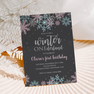 Winter Onederland First Birthday Pink Blue Snow Invitation
