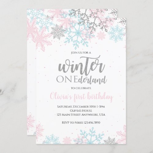 Winter Onederland First Birthday Pink Blue Snow Invitation