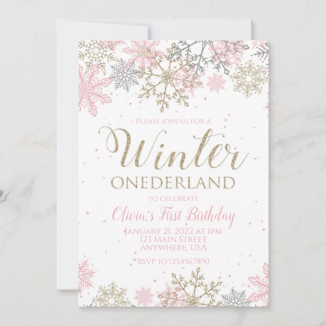 Winter Onederland First Birthday pink snowflake Invitation (Front)