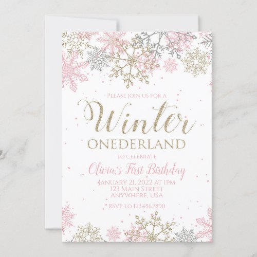 Winter Onederland First Birthday pink snowflake Invitation