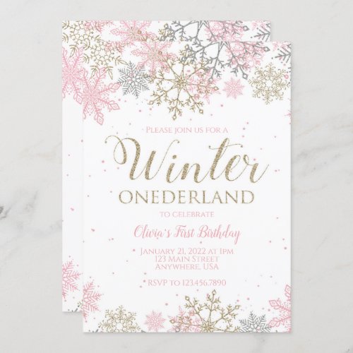 Winter Onederland First Birthday pink snowflake Invitation