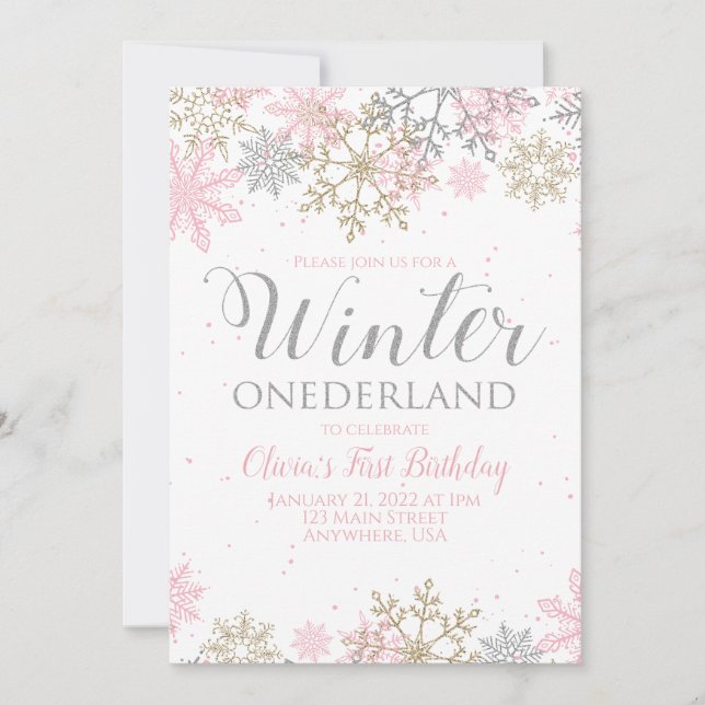 Winter Onederland First Birthday pink snowflake Invitation (Front)