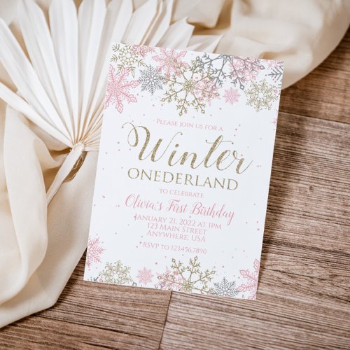 Winter Onederland First Birthday pink snowflake Invitation