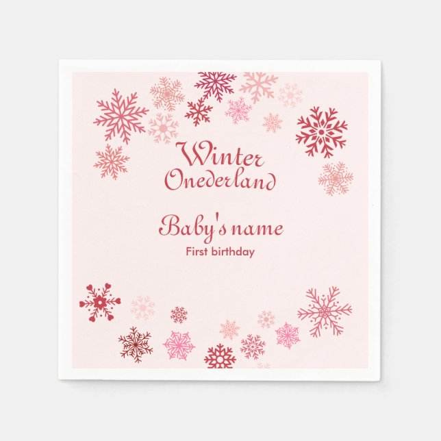 Winter Onederland First Birthday pink snowflake  Napkins (Front)
