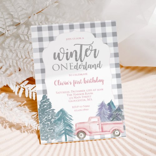 Winter Onederland First Birthday pink truck Invita Invitation