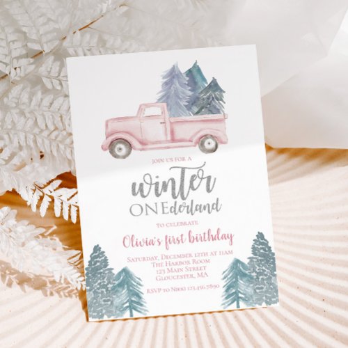 Winter Onederland First Birthday pink truck Invitation