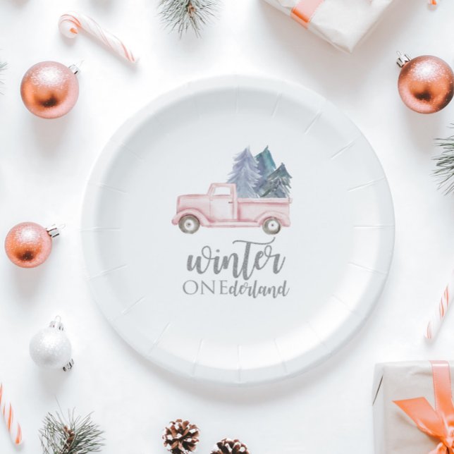 Winter Onederland First Birthday pink truck Paper Plates (Creator Uploaded)