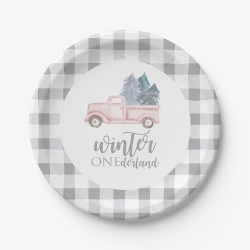 Winter Onederland First Birthday pink truck Paper Plates