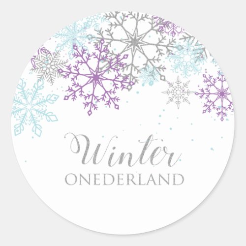 Winter Onederland First Birthday Purple Blue Paper Classic Round Sticker