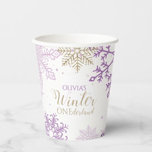 Winter Onederland first birthday purple gold Paper Cups