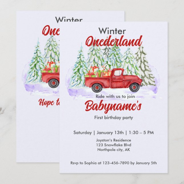 Winter Onederland First Birthday Red Truck Present Invitation (Front/Back)