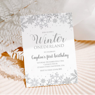 Winter Onederland First Birthday Silver Snowflakes Invitation