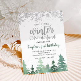 Winter Onederland First Birthday Snowflakes Trees Invitation