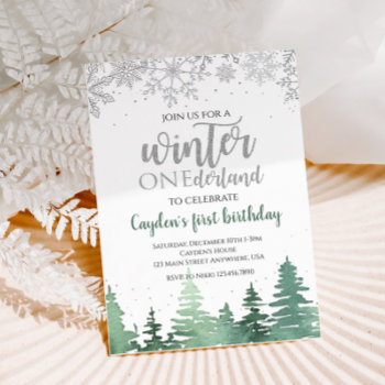 Winter Onederland First Birthday Snowflakes Trees Invitation by CharlotteGBoutique at Zazzle