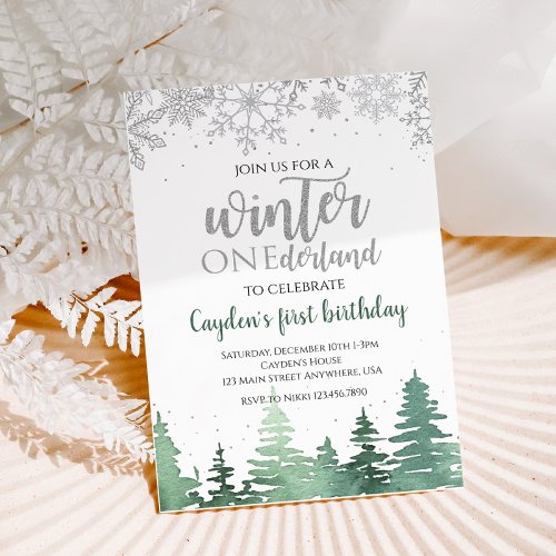 Winter Onederland First Birthday Snowflakes Trees Invitation