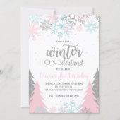Winter Onederland First Birthday Snowflakes Trees  Invitation (Front)
