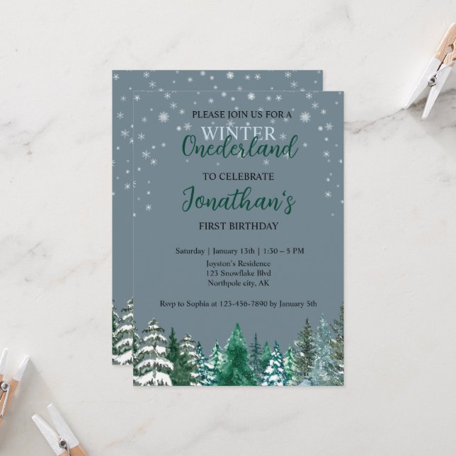 Winter Onederland First Birthday snowy landscape  Invitation (Front/Back In Situ)