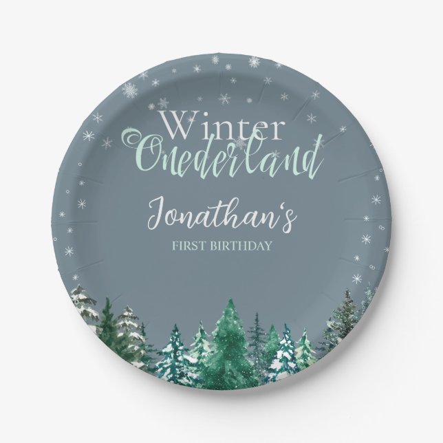 Winter Onederland First Birthday snowy landscape  Paper Plates (Front)