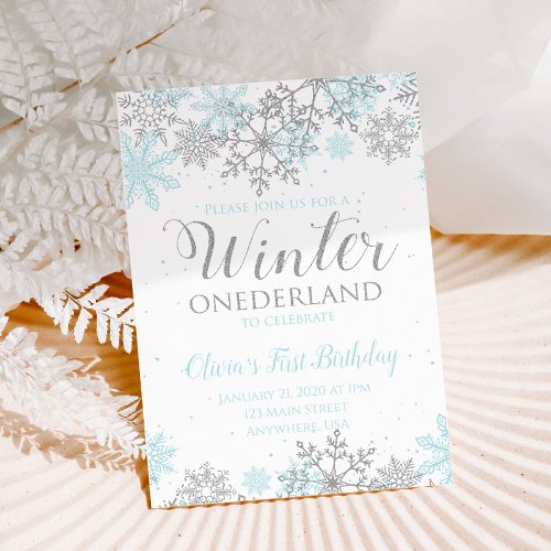 Winter Onederland First Birthday teal snowflakes Invitation
