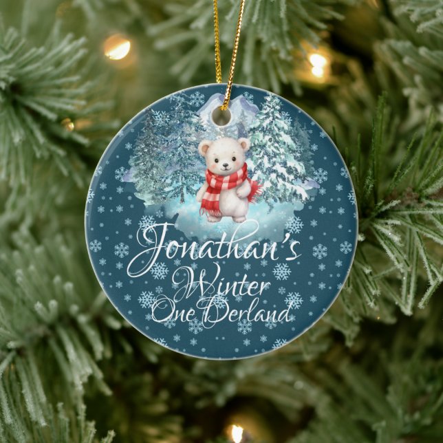 Winter Onederland First Christmas Cute Bear blue Ceramic Ornament (Tree)
