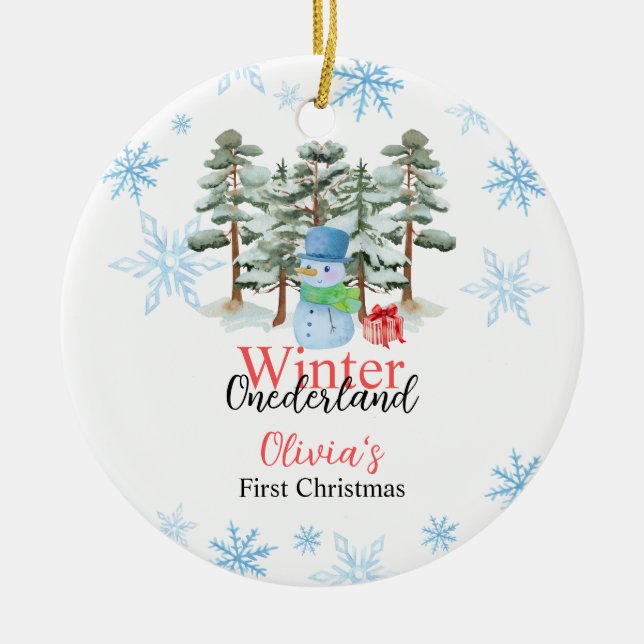 Winter Onederland First Christmas Cute snowman Ceramic Ornament (Front)